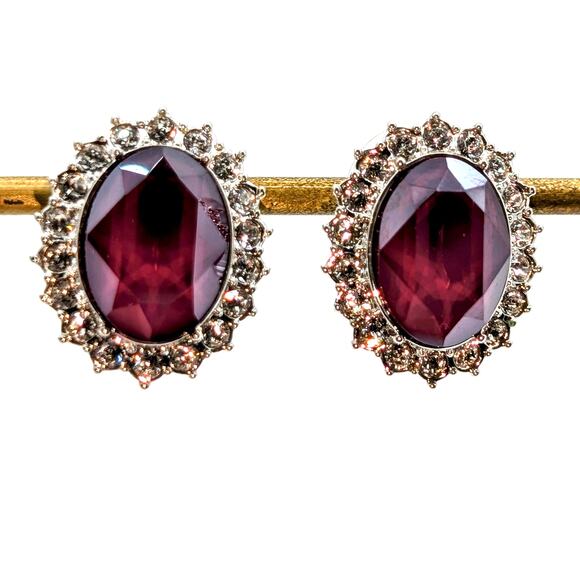 Deep Mauve Oval Faceted Glass Stone W/ CZ Halo Surround Silver Tone Earrings - Picture 1 of 5